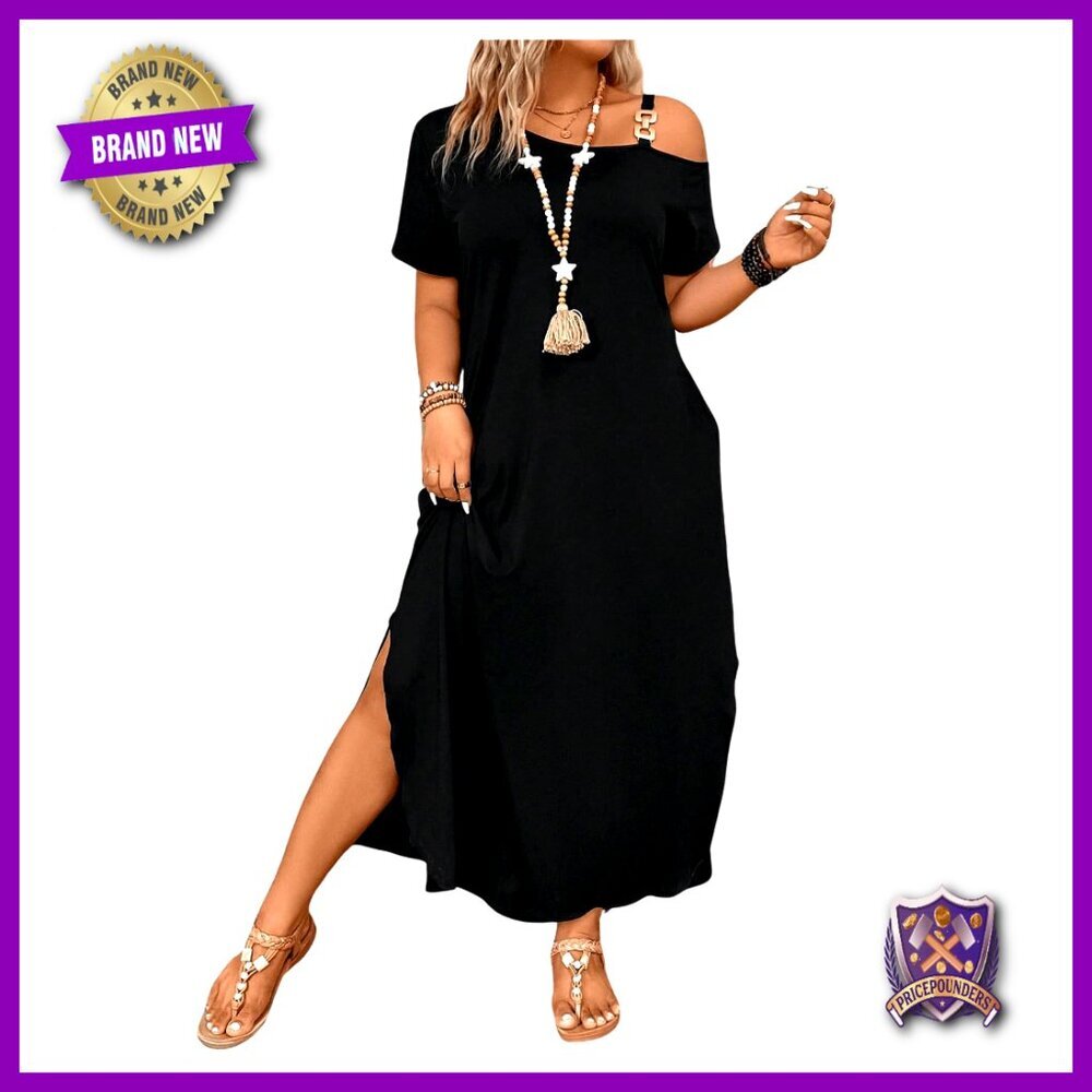 Plus Size Cold Shoulder Split Hem Maxi Dress Casual Summer T-Shirt Dress